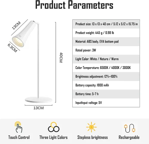 Vista 6 de Lámpara LED recargable de 5 modos con junta giratoria magnética, control táctil, brillo ajustable, color, ángulo de 360°, puede convertirse