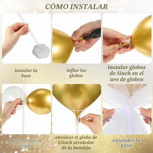 Vista 3 de BBTO Juego de 8 centros de mesa con soporte para globos, kit de 80 globos de látex y soporte de mesa con base de tul para boda, cumpleaños, baby Oro