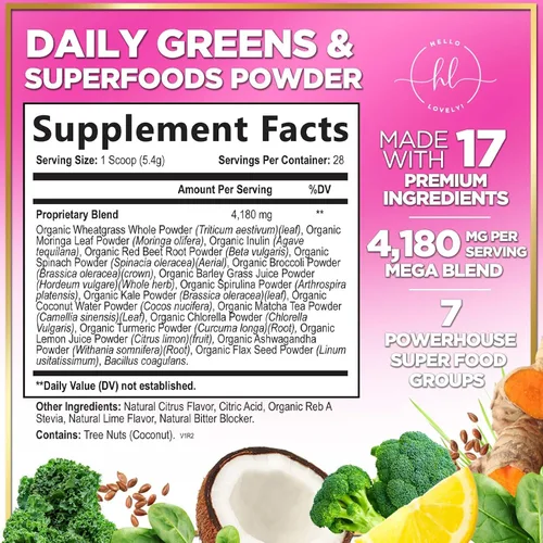 Vista 2 de Hello Lovely! Greens Superfood Powder - 7 grupos de alimentos Powerhouse - Mezcla de jugo premium con espirulina y clorella - Mezcla diaria
