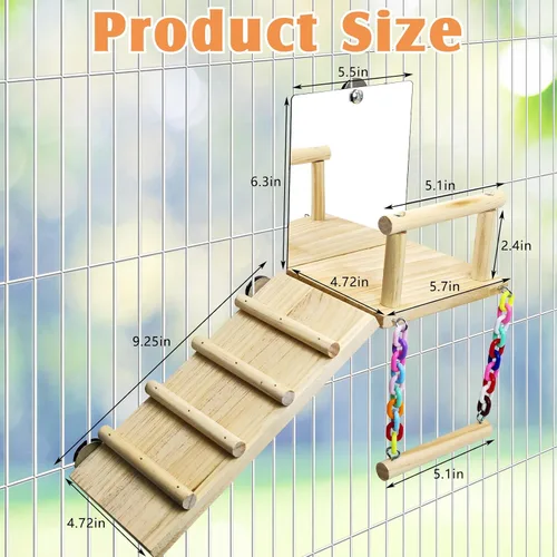 Vista 7 de BNOSDM Plataforma de perca para pájaros con espejo, escalera de escalada de madera para periquitos, juguetes de columpio para pájaros pequeños