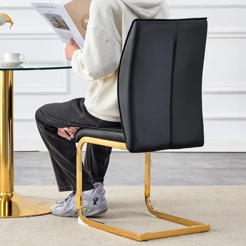 Vista 6 de Juego de 2 sillas de comedor modernas, sillas de cocina tapizadas de cuero, sillas de comedor sin brazos con respaldo alto y patas de metal dorado