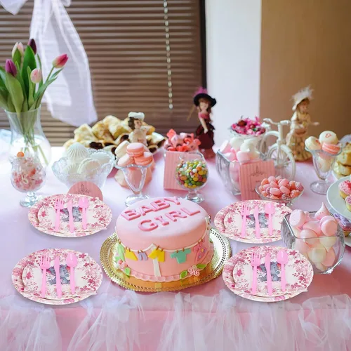 Vista 3 de Bokon Juego de 300 platos de elefante para baby shower, para 50 vajillas, incluye platos, servilletas, tenedores, cucharas, cuchillos, elefante