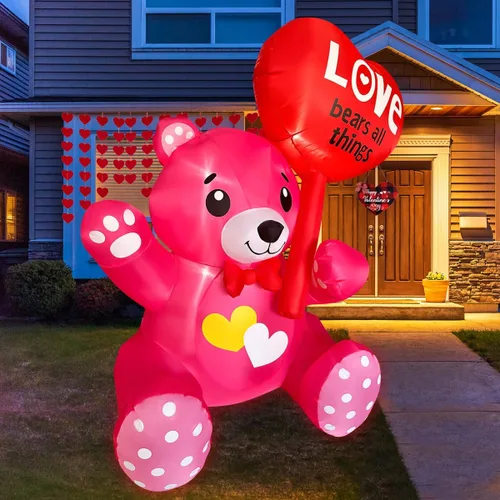 Vista 5 de SEASONBLOW Oso inflable de 4 pies para el día de San Valentín con corazón iluminado por LED, decoración para patio, césped, jardín, hogar, fiesta