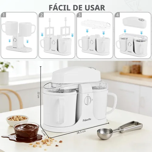 Vista 4 de Pukomc Máquina para hacer helados para uso doméstico, con dos cuencos de helado, operación simple y fácil de limpiar, color blanco