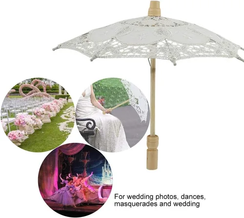 Vista 5 de Diyeeni Paraguas de novia, elegante sombrilla de bordado de algodón con encaje floral hecho a mano, sombrilla con mango de madera para bodas