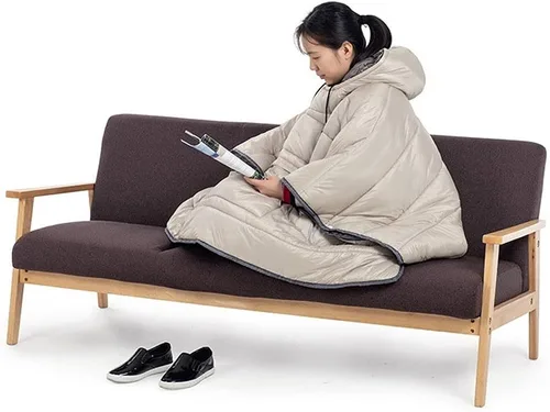 Vista 3 de Manta térmica con capucha acolchada y cálida, saco de dormir ligero para unisex, color beige, Beige