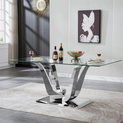 Vista 43 de SSLine Mesa de comedor de cristal dorado de 70 pulgadas para 4-6, base de Mesa de oro floral