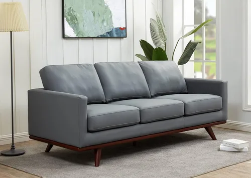 Vista 8 de LeisureMod Chester - Sofá moderno de cuero de 3 plazas con base de madera de abedul, sofá de sala de estar de mediados de siglo, 33.46 pulgadas
