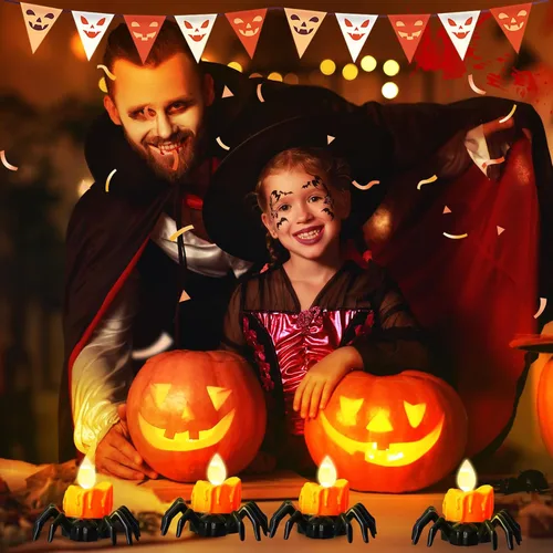 Vista 7 de YBB 12 velas de té de araña de Halloween, novedosas velas LED sin llama, funciona con pilas, lámparas de té naranja para fiesta de Halloween, mesa