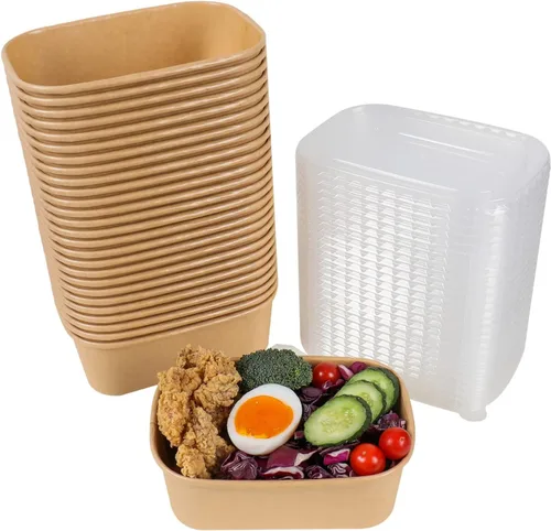 Vista 8 de Cuencos de papel kraft desechables de 17 onzas con tapas, recipientes rectangulares para alimentos, cuencos de sopa, suministros de fiesta, cuencos