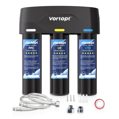 Vista 2 de Vortopt F03 Filtro de agua debajo del fregadero, cartuchos CTO/PP/UF (filtro de 3 piezas) para beber cocina, purificación de agua de cocina.