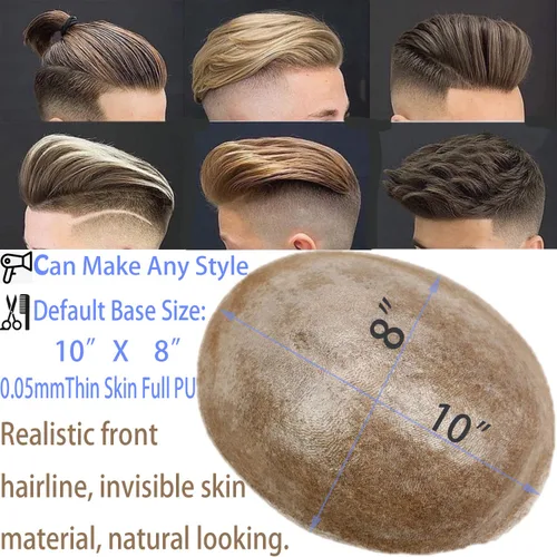 Vista 7 de Voloria Postizo humano virgen europeo para hombre tupé ultra transparente piel fina PU piezas de pelo de repuesto 10"x8" tamaño base #21 color rubio