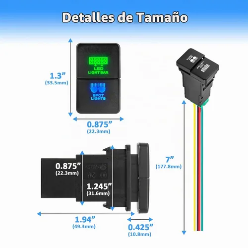 Vista 2 de Wsays Interruptor de Doble Pulsación Barra de Luz LED y Luces Spot Símbolo 12V Retroiluminación Azul y Verde Interruptor de Botón Pulsador