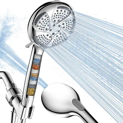 Vista 10 de FEELSO Cabezal de ducha con filtro y de mano, cabezal de ducha de alta presión de 7 rociados con filtros para agua dura - elimina el cloro, reduce