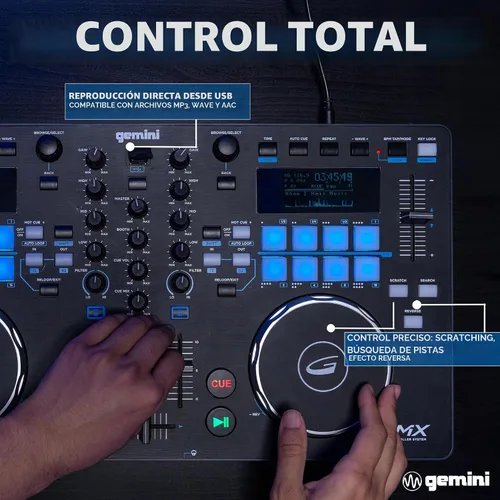 Vista 3 de Gemini Sound GMX - Controlador DJ Versátil y Reproductor Multimedia - Sistema Compacto USB/MIDI con VirtualDJ LE, Ideal para DJs Móviles