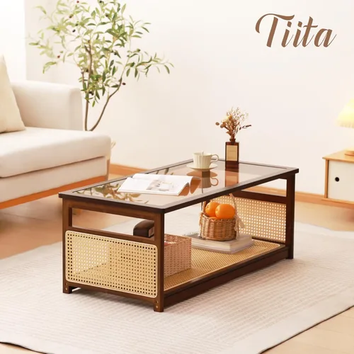 Vista 2 de Mesa de centro de bambú, parte superior de cristal, almacenamiento de ratán, almacenamiento de 2 niveles, color marrón Rectangular Center Table
