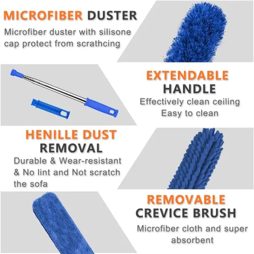 Vista 3 de Plumeros profesionales de microfibra para limpieza, 6 plumeros extensibles y flexibles con poste telescópico de 100 pulgadas, kit de limpieza