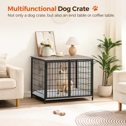 Vista 2 de MAHANCRIS Mueble de jaula para perros con cojín, perrera de madera para perros con puertas dobles, jaula resistente para perros pequeños, medianos
