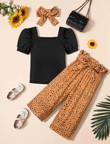 Vista 21 de DONWEN Conjunto de 3 piezas de ropa para niñas pequeñas y niñas con cuello cuadrado + pantalones elegantes + diadema para primavera y verano
