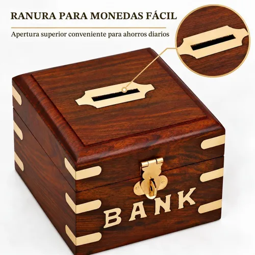 Vista 3 de Ajuny Banco de dinero de madera, hecho a mano, forma cuadrada, decorativa