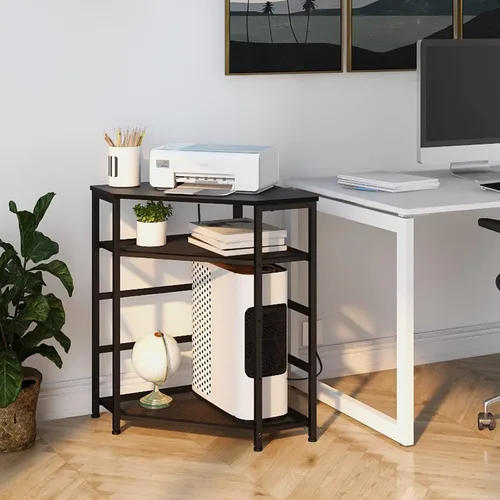 Vista 5 de VEDECASA Soporte de esquina para impresora con mesa, toma de corriente, puertos USB, estante de almacenamiento ajustable, soporte para torre de Negro