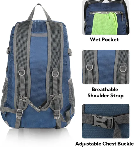 Vista 5 de WATERFLY Mochila de senderismo ligera y plegable, paquete de día 30L azul