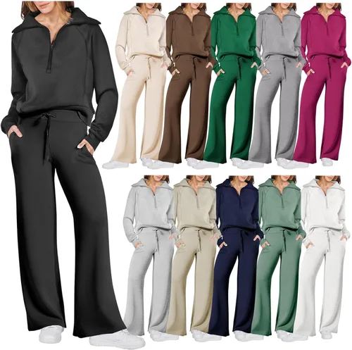 Vista 5 de Traje de 2 piezas para mujer, manga larga, solapa con cremallera de 14, sudadera y pantalones de pierna ancha