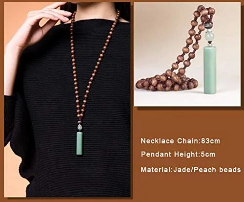 Vista 5 de Bluegoog - Colgante de piedra de jade verde natural para mujer con cordón de madera con cuentas verticales largas para disfraz o joyas