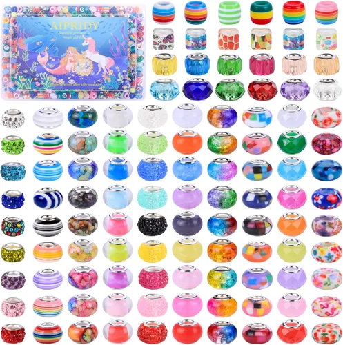Vista 11 de 120 Piezas de Cuentas Europeas Surtidas para Manualidades Agujero Grande Cuentas Espaciadoras Lampwork Cuentas Europeas Coloridas para Collar Flor