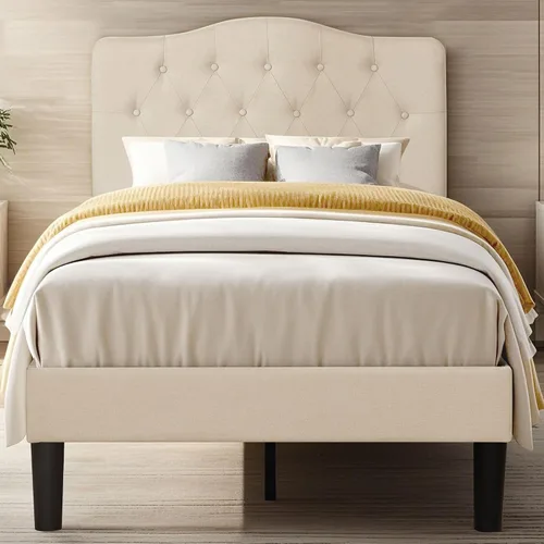 Vista 17 de VECELO Base de cama de plataforma de tamaño individual con cabecera tapizada de tela y soporte de listones de madera, no necesita somier/fácil Beige