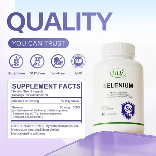 Vista 5 de HUJ Suplemento de selenio, 60 cápsulas, soporte antioxidante, suplemento mineral