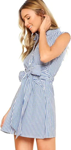 Vista 2 de Romwe Vestido camisero corto a rayas de verano para mujer con cinturón con botones al cuello