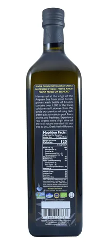 Vista 2 de Kouzini Aceite de oliva virgen extra griego Primero prensado en frío Cosecha actual de 1 litro (34 fl oz) Ganador del premio NYIOOC Origen