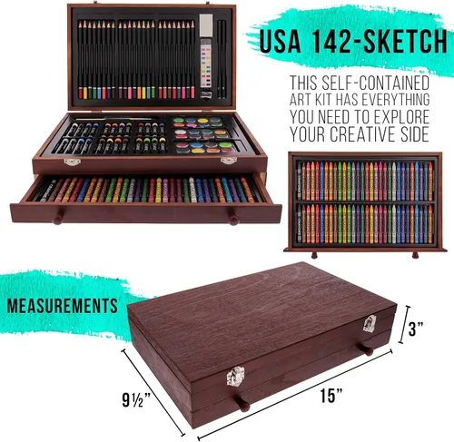 Vista 3 de U.S. Art Supply - Kit de artista de 162 piezas en caja de madera grande con pintura, dibujo y suministros de arte para adultos - 24 de cada uno