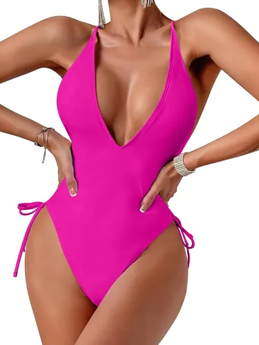 Vista 3 de Lilosy Sexy Criss Cross Lace Up Plunge Traje de baño de una pieza con lazo lateral atrevido traje de baño