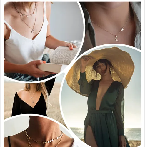 Vista 3 de Honsny Gargantilla en capas para mujeres y niñas, con monedas, luna, estrella, gargantilla multicapa, cadena de oro, juego de collar ajustable