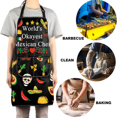 Vista 5 de JNIAP Delantal de chef mexicano con bolsillos, delantal de cocina El Jefe - Regalo de chef jefe