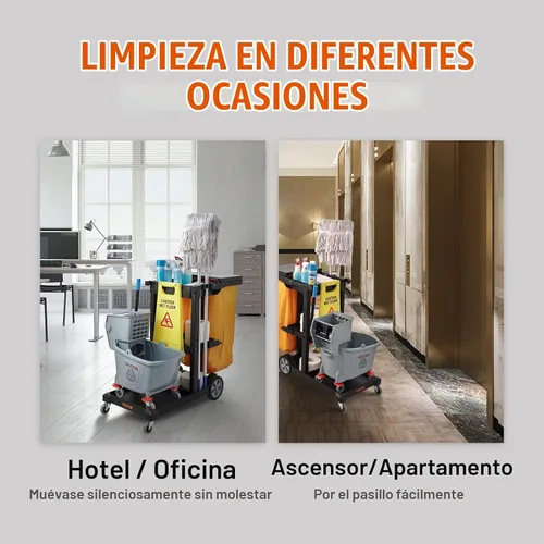 Vista 8 de VEVOR Carrito de limpieza, carrito de limpieza comercial de 3 estantes, carrito de plástico de limpieza de 200 libras de capacidad, con bolsa de PVC