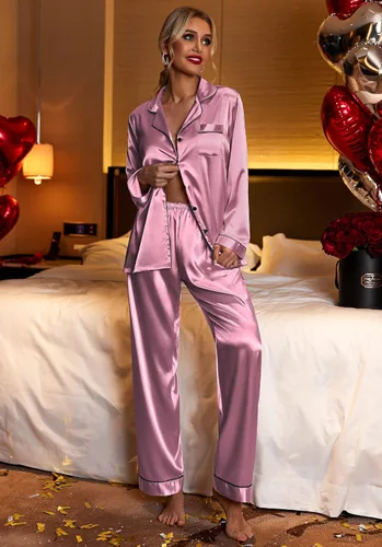 Vista 2 de Ekouaer - Conjunto de pijama de satén de seda clásico con botones para mujer, de manga larga Soft Satin Pajamas, Mix-Match Daily Look, Chest