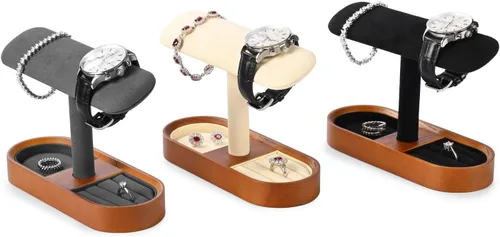 Vista 2 de Oirlv Soporte de reloj de madera maciza con barra en T, organizador para hombres y mujeres, soporte de exhibición de joyas, anillos, aretes, collar
