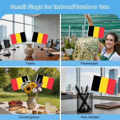 Vista 5 de Bandera de Bélgica, pequeña bandera de Bélgica en palo, ideal para fiestas, desfiles, eventos deportivos, decoraciones de festivales patrióticos