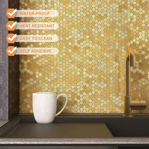 Vista 5 de VAOVI Azulejos dorados para salpicaduras de cocina, adhesivos de mosaico autoadhesivos, resistentes al calor, impermeables