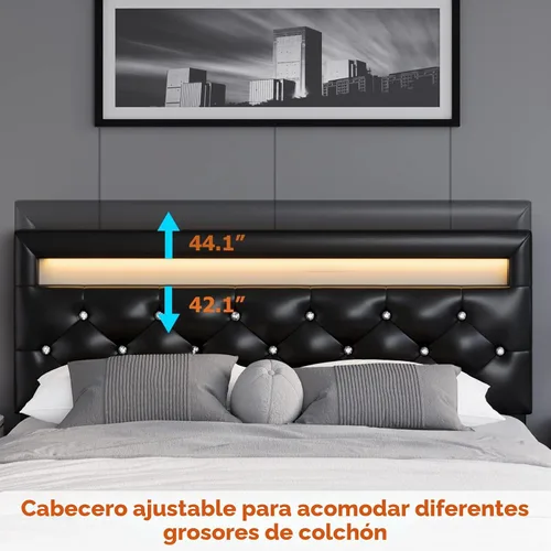 Vista 4 de Base de cama tapizada moderna tamaño Queen con luces LED, marco de cama de plataforma de piel sintética de perfil bajo, cabecero ajustable