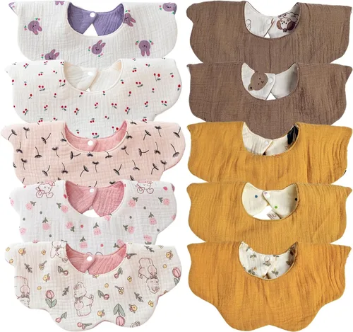 Vista 14 de Baberos de muselina para bebé niña niño para babeo y dentición, paquete de 10 Soft organic cotton muslin bibs for drooling, teething and feeding.