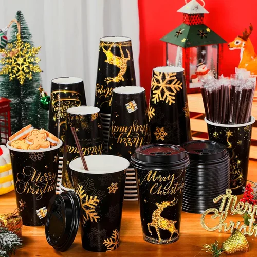 Vista 5 de Uiifan Paquete de 50 Tazas de Café Navideñas de 16 oz a Granel Negras Doradas con Copos de Nieve Tazas Desechables Tazas de Papel Feliz Navidad