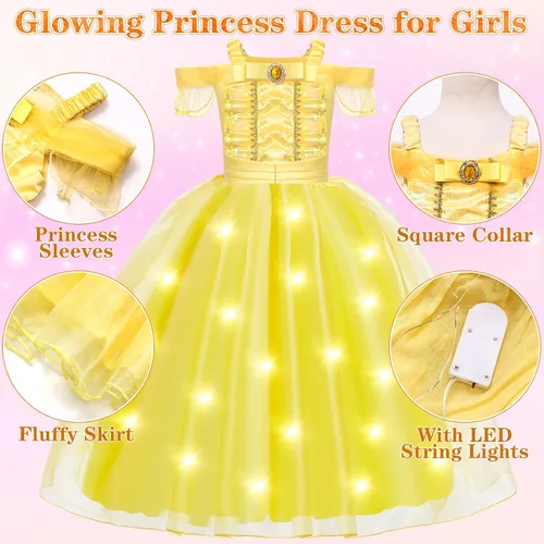 Vista 4 de Tacobear Disfraz de Bella iluminado para niñas, vestidos de Bella con accesorios de vestir, disfraz de princesa para Halloween, cumpleaños