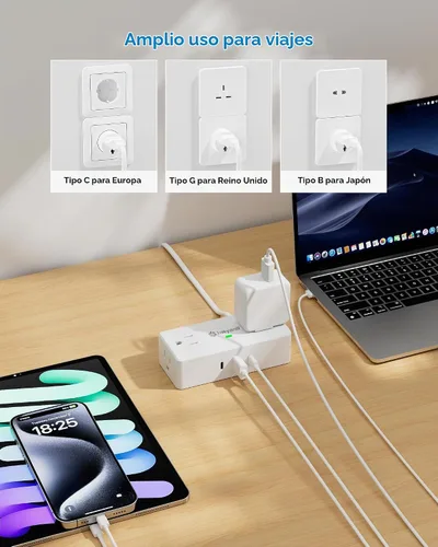Vista 6 de Kakyanill Adaptador de enchufe de viaje europeo, adaptador de enchufe tipo E F, 4 salidas de CA, 3 puertos USB (2 USB C), cable de extensión plano