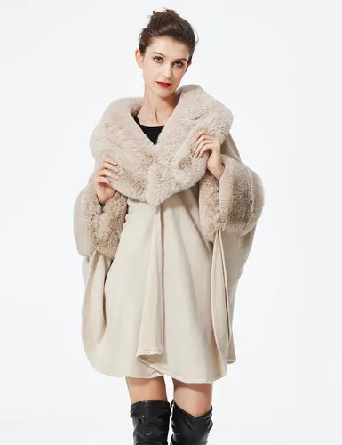 Vista 4 de Poncho de capa para mujer con ribete de piel, chal de piel sintética de invierno, abrigo sin mangas