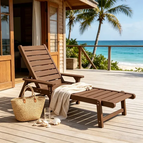 Vista 8 de Chaise Lounge, madera de polietileno, silla de salón al aire libre con respaldo ajustable, resistente a la intemperie, impermeable, a prueba