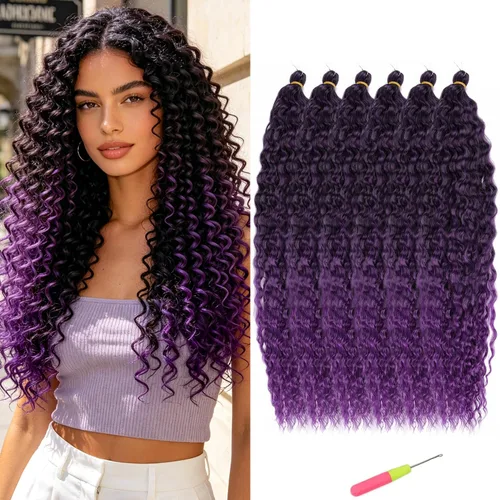 Vista 40 de MAYSA Cabello ondulado de ganchillo azul, cabello ondulado con ganchillo para mujer, extensiones de cabello sintético de onda profunda de 22